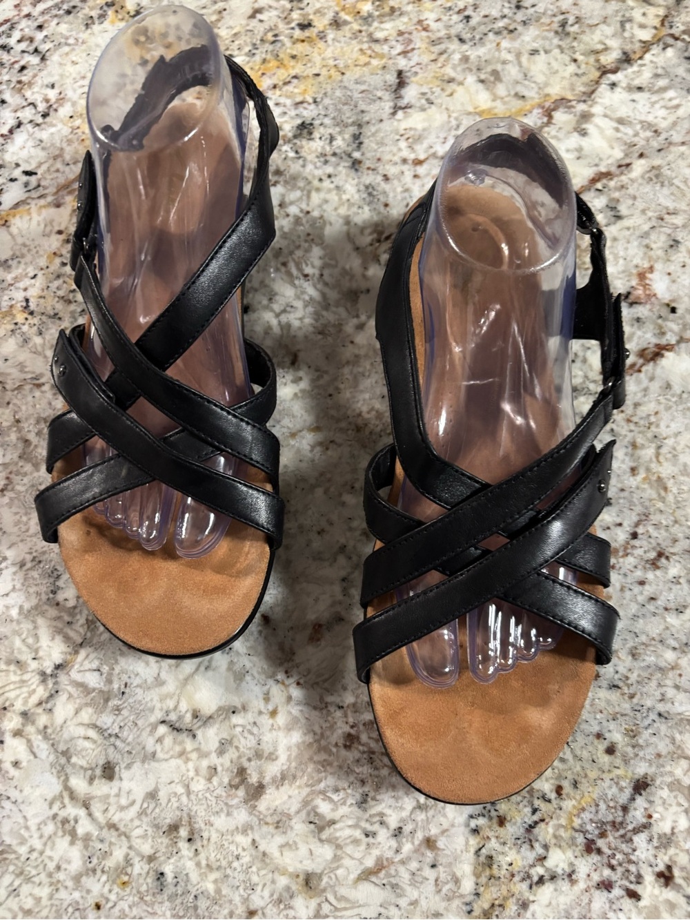 Clarks Black Cross-Strap Sandals with Tan Footbed